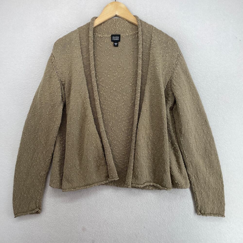 EILEEN FISHER Sweater M Cotton Nubble Cardigan Open Front Long Sleeve Brown